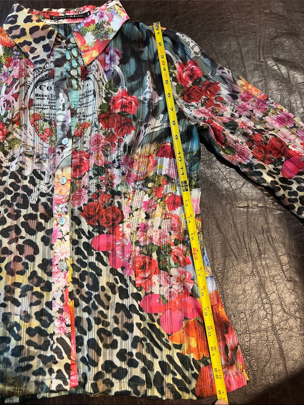 XS Women's Silk Sheer Floral & Leopard Print Button-Down Shirt in Multi-Color - Picture 13 of 15